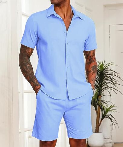 SHEKINI Men's Cotton 2 Piece Pajama Set Short Sleeve Button Down Shirt & Lightweight Shorts for Summer Beach Casual Outfits in Saudi Arabia