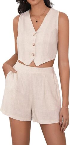 SHENHE Women's Summer 2 Piece Outfits Sleeveless Button Up Vest Waistcoat and Shorts Set in Saudi Arabia