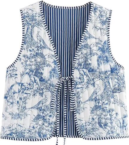 سترة نسائية منتفخة مبطنة بالزهور من Wyeysyt مطبوعة خفيفة الوزن بدون أكمام مبطنة ملابس خارجية (أزرق-S) in Kuwait