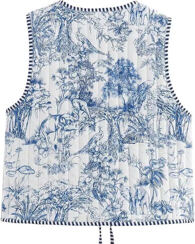 سترة نسائية منتفخة مبطنة بالزهور من Wyeysyt مطبوعة خفيفة الوزن بدون أكمام مبطنة ملابس خارجية (أزرق-S) in Kuwait