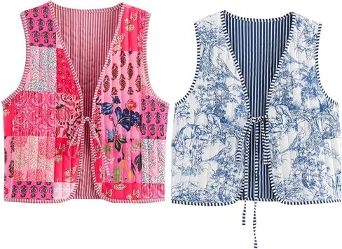 سترة نسائية منتفخة مبطنة بالزهور من Wyeysyt مطبوعة خفيفة الوزن بدون أكمام مبطنة ملابس خارجية (أزرق-S) in Kuwait