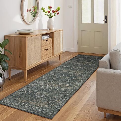 Green Washable Rugs 5x7 Living Room Rug Non Slip Rugs for Bedroom,Traditional Border Vintage Foldable Stain Resistant Low Pile Indoor Throw Carpet for Home Office Dining Table,Green/Grey in Saudi Arabia