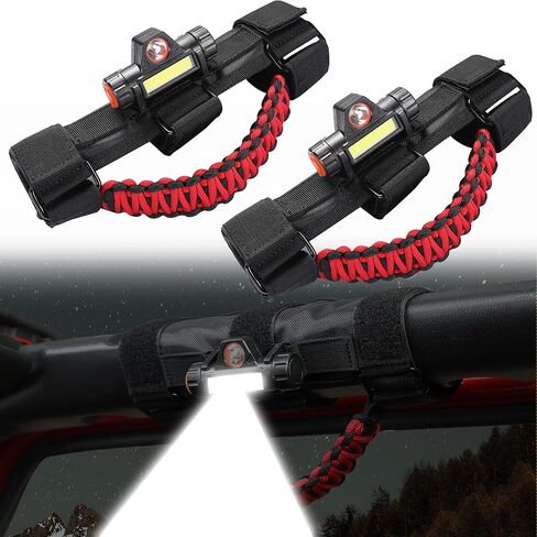 BESTAOO قطعتان من مقابض القضبان الدوارة مع ضوء قبة لسيارة جيب رانجلر CJ YJ TJ JK JKU JL JLU Sports Sahara Freedom Rubicon X & Unlimited 1945-2021، مقابض قبضة باراكورد لقضبان 2.0-4.0 بوصة in Saudi Arabia