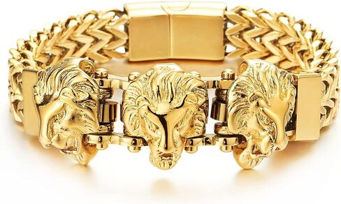COOLSTEELANDBEYOND Steel Double Square Franco Link Bike Chain Three Lion Heads Bracelet, Magnetic Clasp in Saudi Arabia
