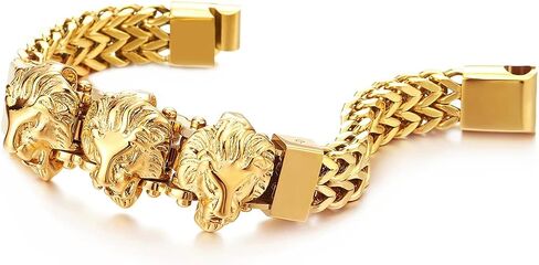 COOLSTEELANDBEYOND Steel Double Square Franco Link Bike Chain Three Lion Heads Bracelet, Magnetic Clasp in Saudi Arabia