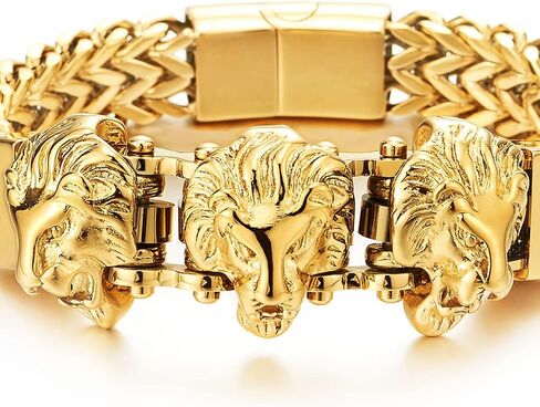 COOLSTEELANDBEYOND Steel Double Square Franco Link Bike Chain Three Lion Heads Bracelet, Magnetic Clasp in Saudi Arabia