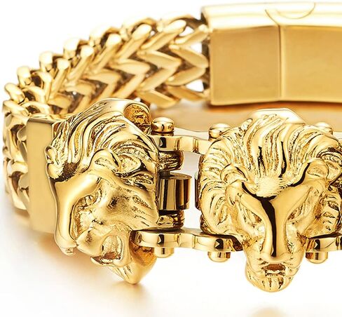 COOLSTEELANDBEYOND Steel Double Square Franco Link Bike Chain Three Lion Heads Bracelet, Magnetic Clasp in Saudi Arabia