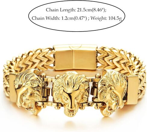 COOLSTEELANDBEYOND Steel Double Square Franco Link Bike Chain Three Lion Heads Bracelet, Magnetic Clasp in Saudi Arabia