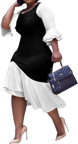 Cololura Women Plus Size Asymmetrical Patchwork ColorBlock Blue Yellow Ruffle Long Sleeve Bodycon Party Midi Dress in Saudi Arabia