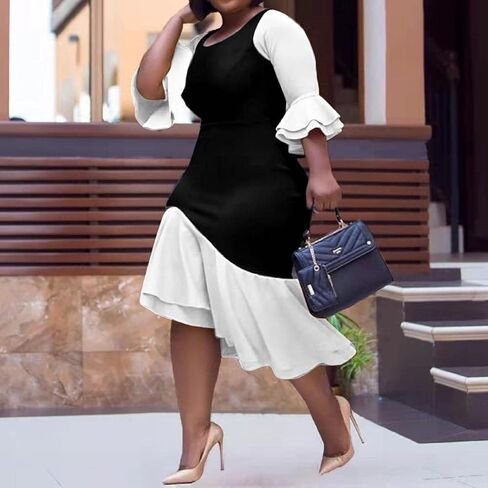 Cololura Women Plus Size Asymmetrical Patchwork ColorBlock Blue Yellow Ruffle Long Sleeve Bodycon Party Midi Dress in Saudi Arabia
