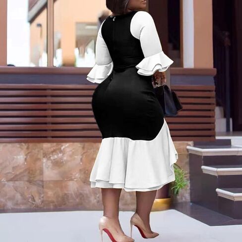 Cololura Women Plus Size Asymmetrical Patchwork ColorBlock Blue Yellow Ruffle Long Sleeve Bodycon Party Midi Dress in Saudi Arabia