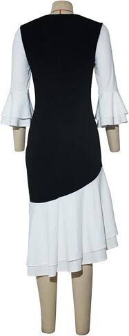 Cololura Women Plus Size Asymmetrical Patchwork ColorBlock Blue Yellow Ruffle Long Sleeve Bodycon Party Midi Dress in Saudi Arabia