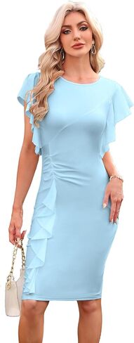 pnpednde Womens Short Ruffle Sleeve Church Dress 50S Vintage Crew Neck Bodycon Work Pencil Midi Dress in Saudi Arabia