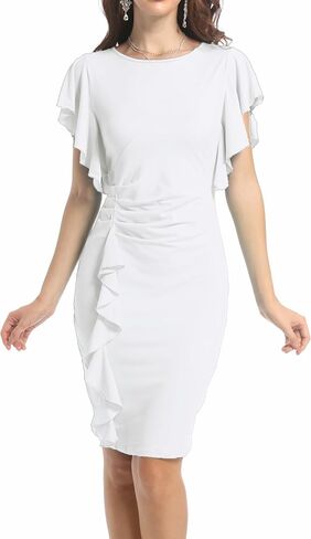 pnpednde Womens Short Ruffle Sleeve Church Dress 50S Vintage Crew Neck Bodycon Work Pencil Midi Dress in Saudi Arabia