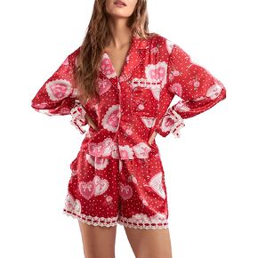 Heart Bow Pajamas for Women Comfy Satin Valentines Pajamas Short Set Cute Bow Pjs Soft Festive Holiday Sleepwear
