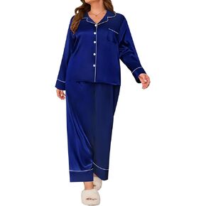 SWOMOG Women's Plus Size Pajamas Set Silk Satin Button Down Sleepwear Long Sleeve Pjs Set 2 Piece Loungewear with Pockets