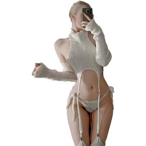 paloli Women's White Knit Sweater Lingerie Set - Halter Crop Top with Garter Design, Matching Tie-Up Panties, Stockings, and Arm Warmers - Sexy Cosplay & Party Outfit