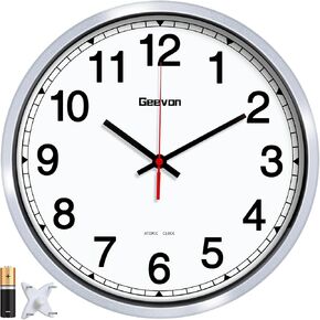 Geevon Atomic Wall Clock 14 Inch, Atomic Analog Wall Clocks Battery Operated, Large Digits Atomic Clock for/School/Classroom/Bedroom/Living Room/Office (Silver Frame)