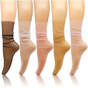 Women Sheer Lace Socks Little Polka Dot Decorated Tulle Socks Fashion See Through Transparent Slouch Mesh Socks for Girls 5 Pairs