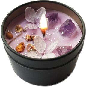 BelugaDesign Lavender Candle | Aesthetic Scented Cute Purple Embedded Crystal Petals Novelty Relaxing Medium Tin Jar Safe Home Kitchen Decor | Aromatherapy Natural Soy Wax for Women Luxury Gift Ideas