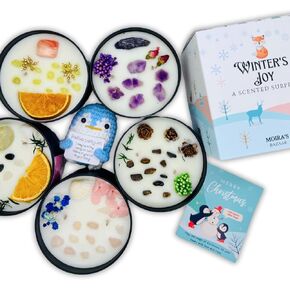Moira's Bazaar Winter's Joy Gift Set – Includes 16 Oz Scented Candle with Crystals & Crochet Positive Penguin, Christmas, Holiday, or Motivational Gift, Artisanal Luxury Fragrances (Enchanted Forest)