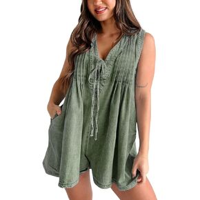 Women's Casual Sleeveless Tie Front Denim Romper V Neck Jean Shorts Jumpsuits Overall Loose Denim Outfits