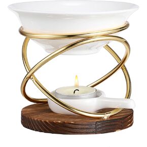 JUXYES Rustic Candle Wax Melt Warmer for Scented Wax, Tealight Essential Oil Burner Candle Ceramic Wax Melts with Metal Rack, Tealight Fragrance Warmer Wax Candle Tart Burner Warmer Diffuser