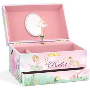 A&A Music Jewelry Box for Girls with Big Drawer Paired with Ballet Girl Theme Rotating Playback the Tune for Swan Lake Pink