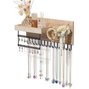 Lolalet Wall Mounted Hanging Jewelry Organizer, 15 Hooks Wooden Necklaces Holder with Storage Shelf, Easy Install Earrings Bracelets Hanger -Brown