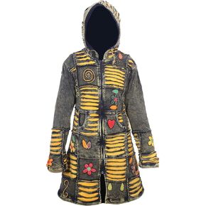 Ezhippie Women's Yellow Floral and Razor Cut Acid Wash Long Coat