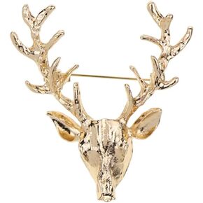 Womens Vintage Retro Golden Tone Deer Antler Stag Moose Elk Head Animal Lapel Brooch Pin