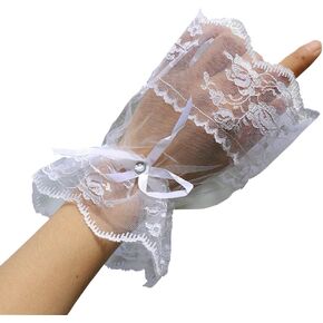 Vintage Lace Wrist Cuffs Gloves Bow Hand Sleeve,Women White Ruffled Lace Wrist Cuffs Party Wedding Dress Sleeves
