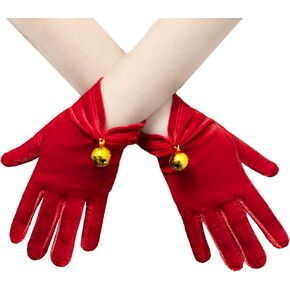 Women Red Short Velvet Gloves with Gold Bells Wrist Length Finger Gloves Christmas Party Costume Gloves Santa Gloves for Women Girls