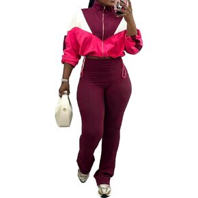 SHINFY Womens Sweatsuits 2 Piece Set Long Sleeve Color Block Cropped Jacket Leggings Pants Jogger Tracksuits Sets