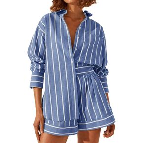 Tankaneo Womens 2 Piece Outfits Striped Long Sleeve Button Down Collared Shirt Matching Shorts Sets