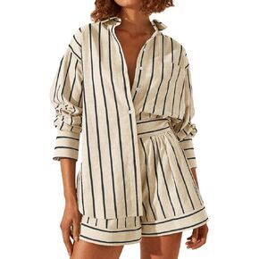 Tankaneo Womens 2 Piece Outfits Striped Long Sleeve Button Down Collared Shirt Matching Shorts Sets in Kuwait
