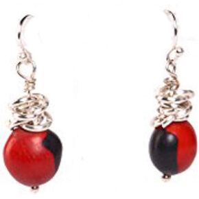 Silver Dangling Red Handmade Earrings - L:1 " - w/Good Luck, Prosperity Love, Huayruro Healing Seed Beads - Gifts for Mom, Daughter, Aunt, Sister, Girlfriend (E5912)