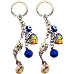 2pcs Mermaid Keychain with Colorful Charms, Alloy Mermaid, Heart, Devil's Eye and Bell