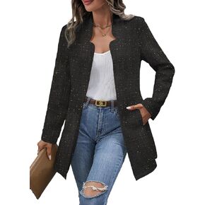 Fall Long Tweed Blazer Jacket for Women Open Front Long Sleeve Fashion Casual Elegant Work Suit with Pockets