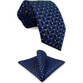 S&W SHLAX&WING Blue Necktie Set for Men Navy Orange Dotty Tie Hanky for Suits