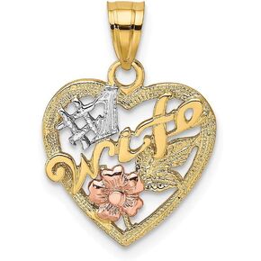 Solid 14k Yellow and White Gold Two Tone Number One # 1 WIFE In Heart Flower Charm Pendant - 17mm x 14mm