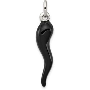Sonia Jewels 925 Sterling Silver Black Enamel Cornicello Italian Horn Protection Pendant Charm - 33mm x 7mm