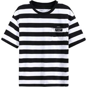 Boy's Striped Color Block T-Shirt Letter Crewneck Short Sleeve Summer Tee Tops with Pocket