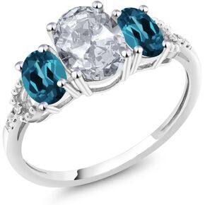 Gem Stone King 10K White Gold Oval White Topaz London Blue Topaz and Diamond Accent 3-Stone Engagement Ring | 2.35 Cttw | Gemstone Birthstone | Available In Size 5, 6, 7, 8, 9