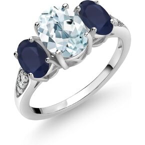 Gem Stone King 10K White Gold Sky Blue Aquamarine Blue Sapphire and White Lab Grown Diamond 3 Stone Engagement Ring For Women (2.34 Cttw, Gemstone Birthstone, Available In Size 5, 6, 7, 8, 9)