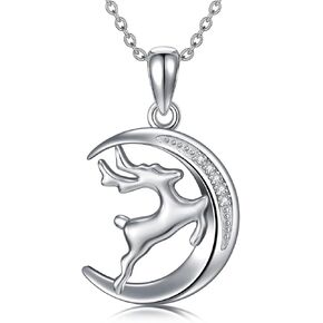 Diamond Deer Necklace Sterling Silver Deer Necklace Silver Deer Pendant Necklace for Women18+2Inch