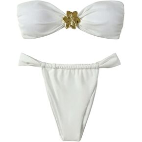 GORGLITTER Women's Flower Strapless Bandeau Swimsuit High Cut String Thong Bikini Set Bathing Suit