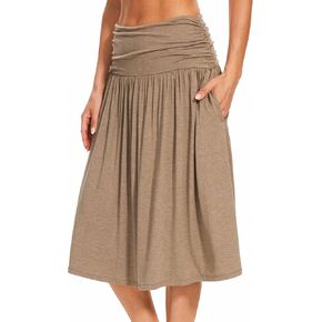 Bamboo Viscose Skirts for Women Knee Length Flowy Ruched High Waist Knit A-Line Casual Summer Skirt with Pockets