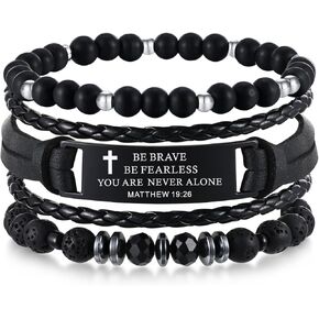 Christian Bible Verse Bracelets for Men-3 Pcs Inspirational Religious Scripture Quotes Black Onyx Lava Rock Bead Cross Braided Leather Jesus Bracelet, First Communion Confirmation Baptism Easter Gifts