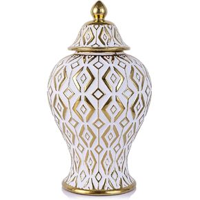 12.6" White and Gold Ceramic Ginger Jar Vase with Lid - Modern Luxury Ceramic Ginger Jar Decorative Vase for Home Decor, Living Room, Kitchen, Dining Table, Cabinet, Bookshelf Decor, Storage Jar